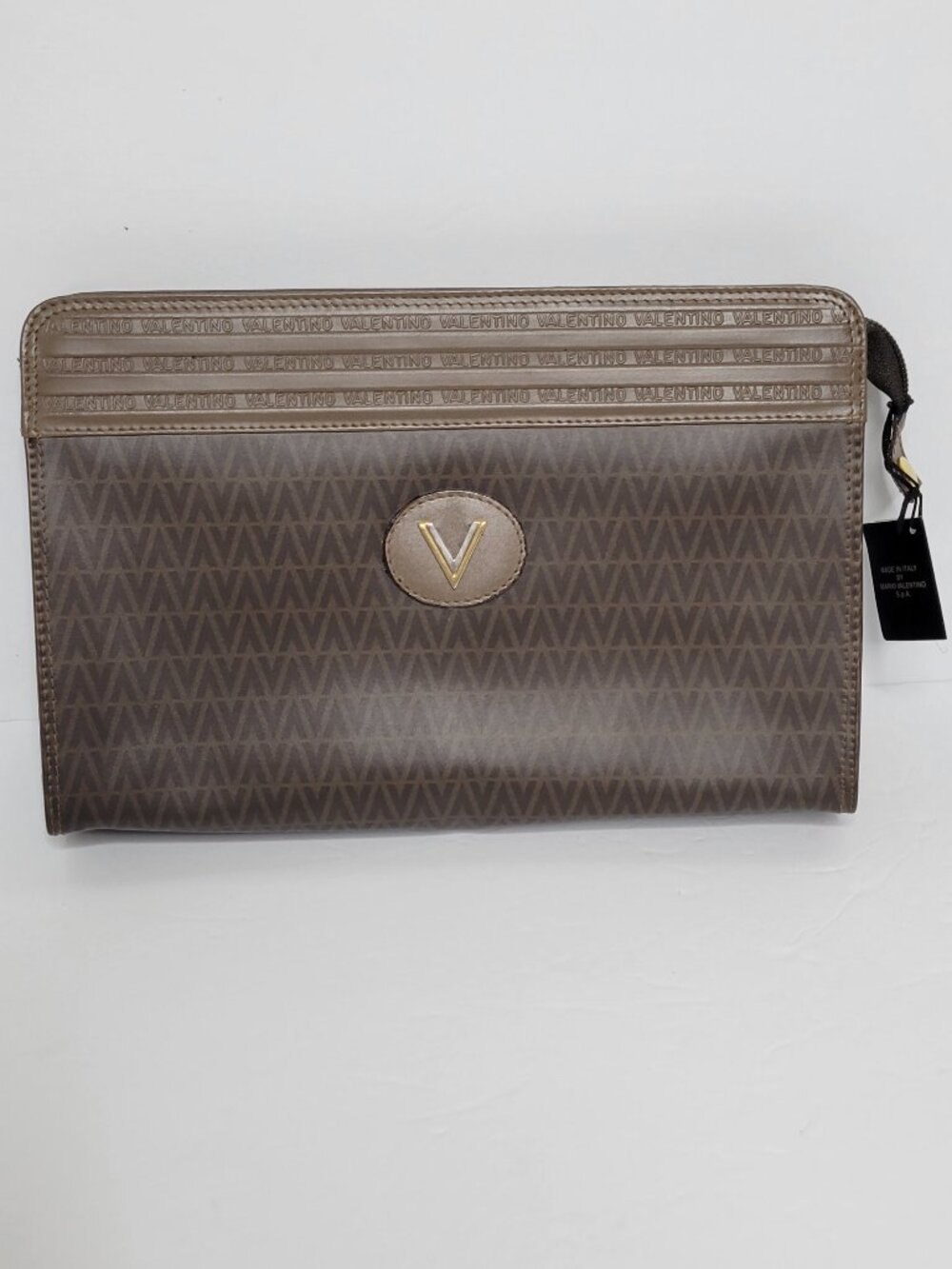 Mario Valentino Monogram Zip Clutch Pouch Brown Beige Gold V Logo Made in Italy